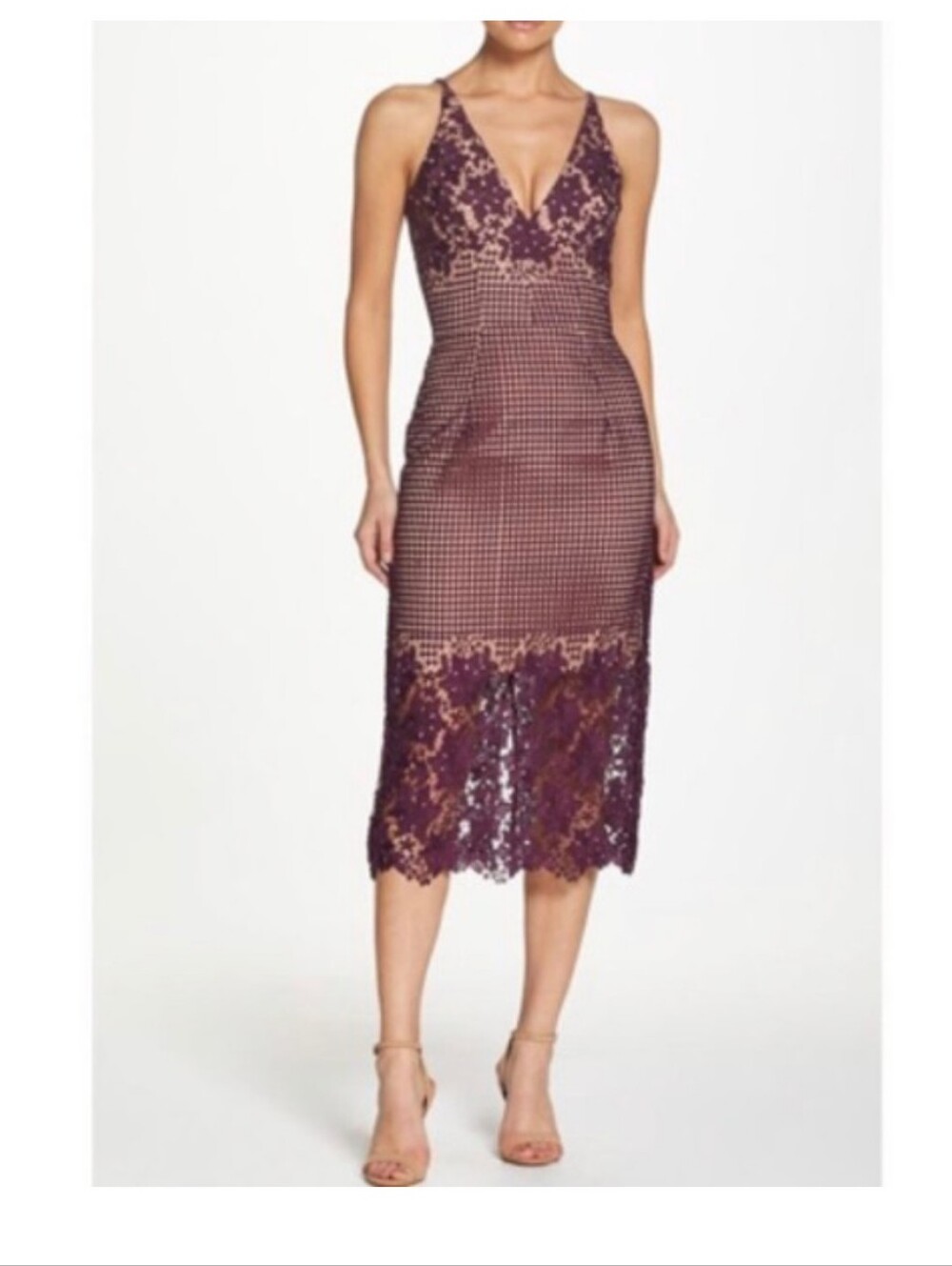 Dress the Population Aurora Lace-Trim Midi Dress - Plum